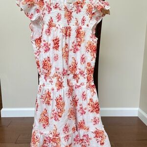 LOFT White Floral Smocked Waist Dress - Pink/Coral Print